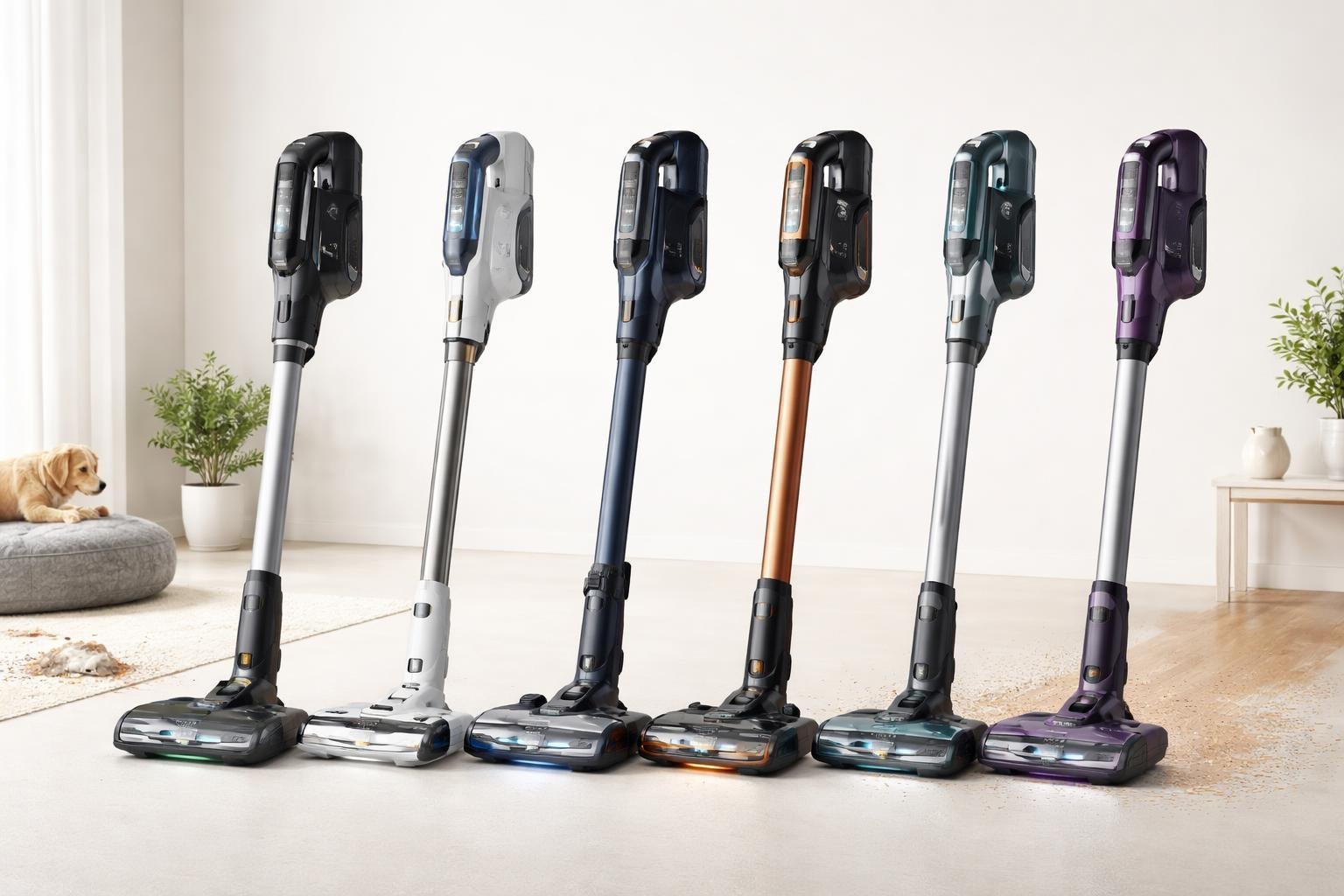 Plusieurs modèles d'aspirateurs balais sans fil Shark présentés côte à côte avec des éléments illustrant différents besoins de nettoyage dans une maison.