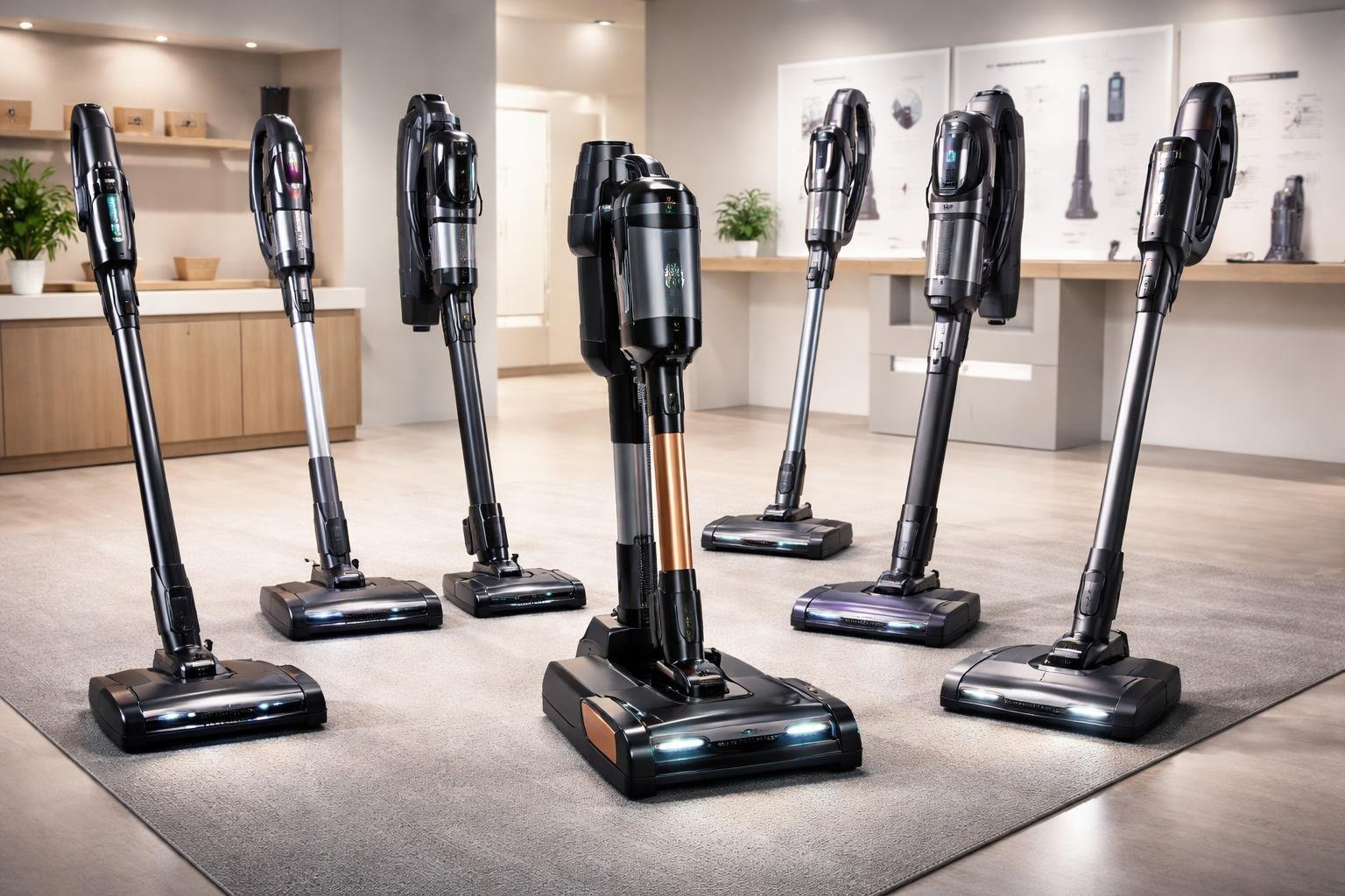 Plusieurs aspirateurs balais sans fil de la marque Shark présentés dans une salle d'exposition, montrant différents modèles et designs.
