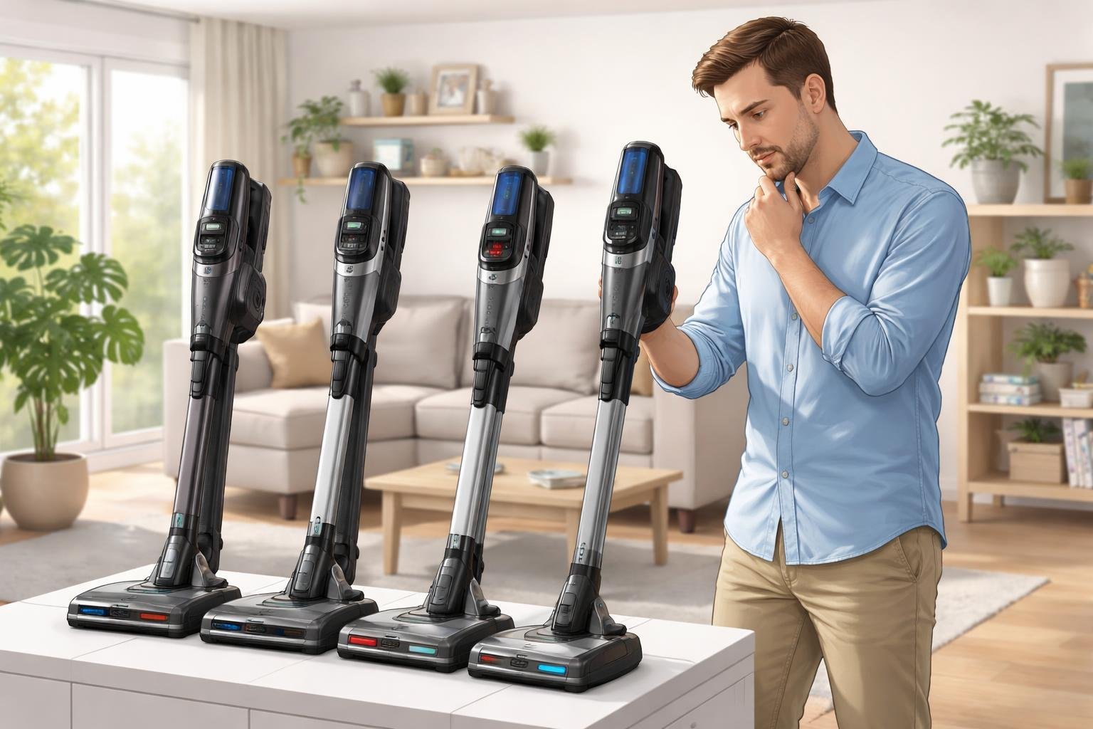 Une personne examine plusieurs modèles d'aspirateurs balais sans fil Shark dans un salon moderne.