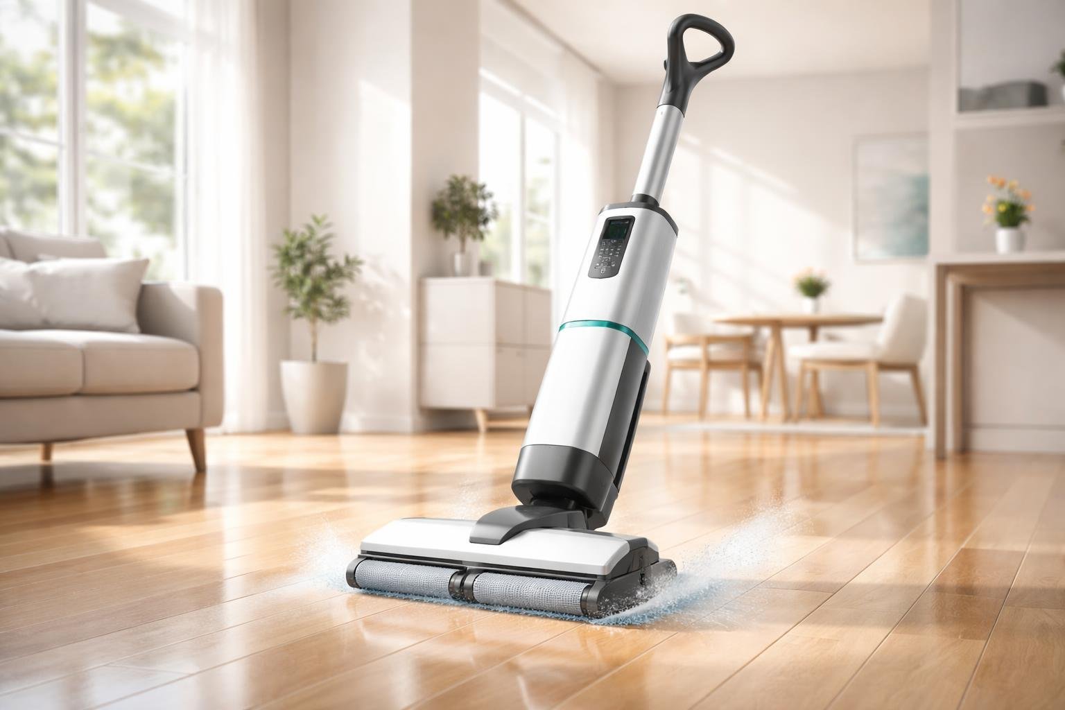 Un petit appareil laveur de sols en fonctionnement sur un sol dur dans une pièce moderne et lumineuse.