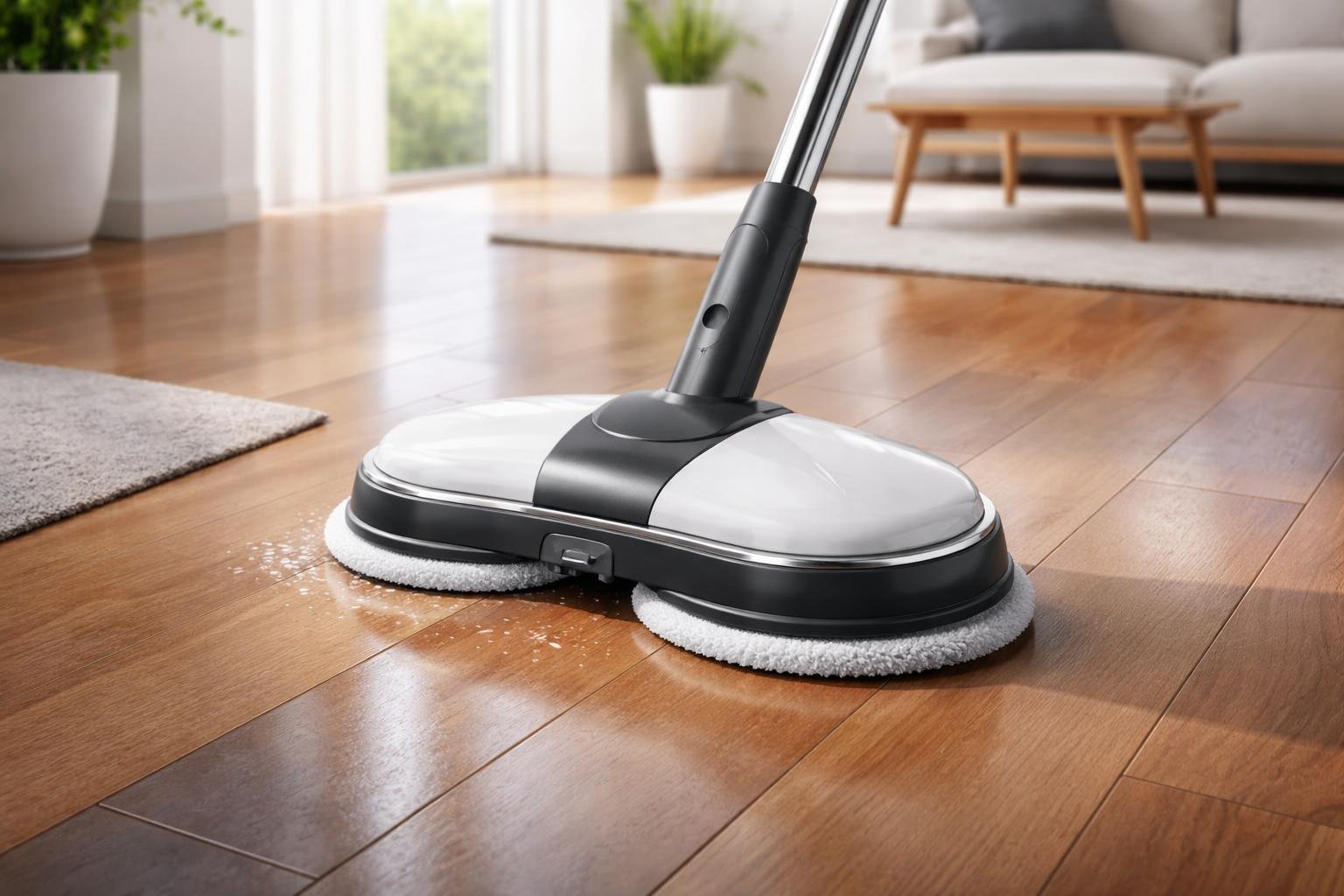 Un petit appareil de nettoyage de sols en train de nettoyer un sol dur dans un salon propre et bien rangé.
