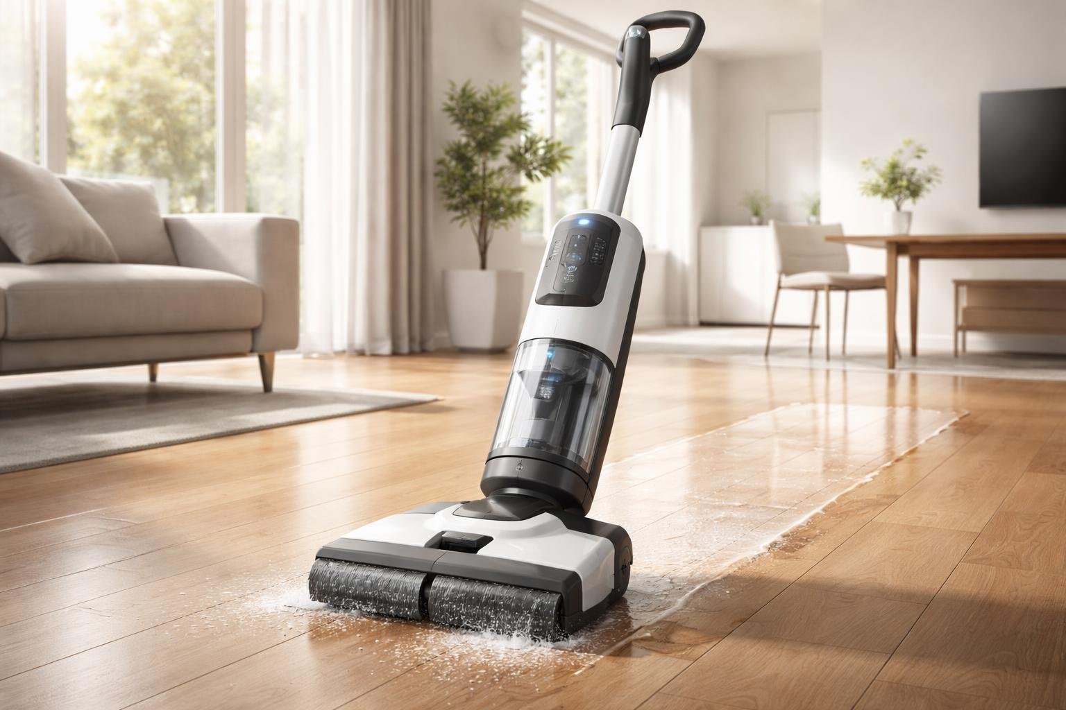 Un petit appareil de nettoyage de sol en train de laver un sol dur dans une pièce lumineuse et propre.