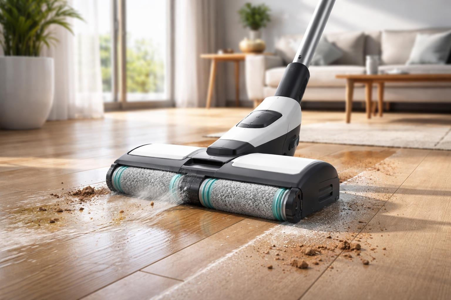 Un appareil de nettoyage Medek MD830WL nettoie un sol dur dans une pièce moderne, montrant son efficacité mais aussi ses limites près des bords.