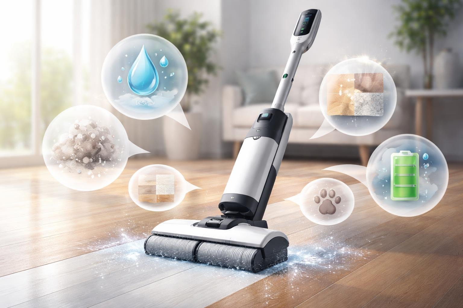 Un petit appareil de nettoyage pour sols durs en fonctionnement sur un sol brillant, entouré de plusieurs bulles représentant différents besoins de nettoyage.