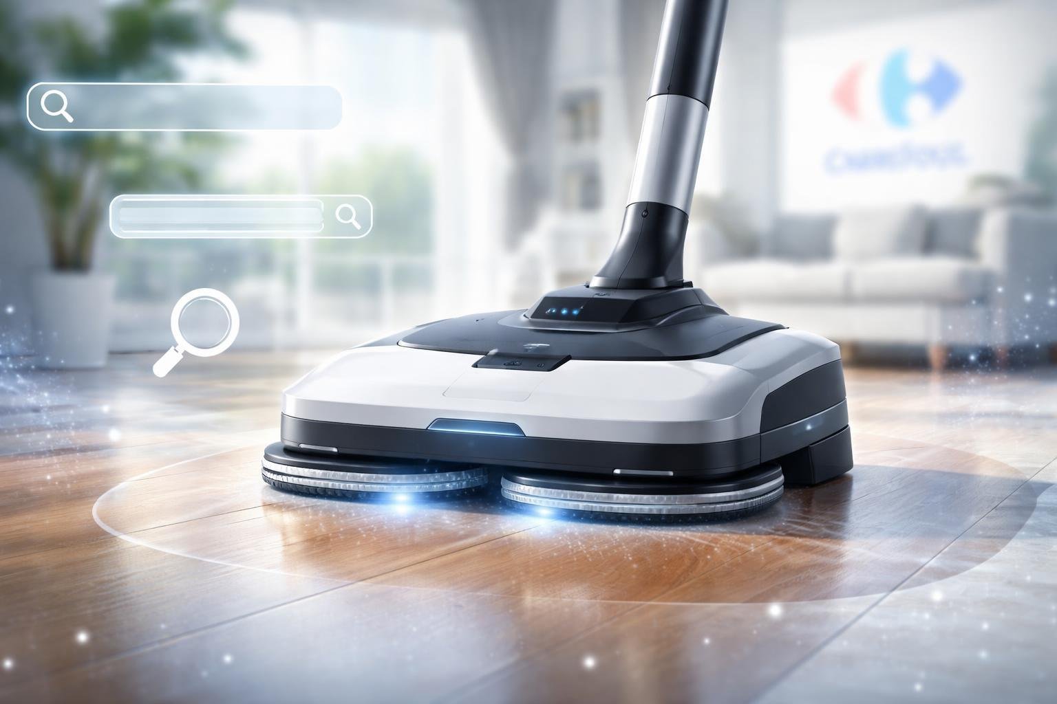Un petit appareil de nettoyage pour sols durs posé sur un sol brillant dans un intérieur propre, avec des éléments évoquant des recherches en ligne et un magasin Carrefour en arrière-plan flou.