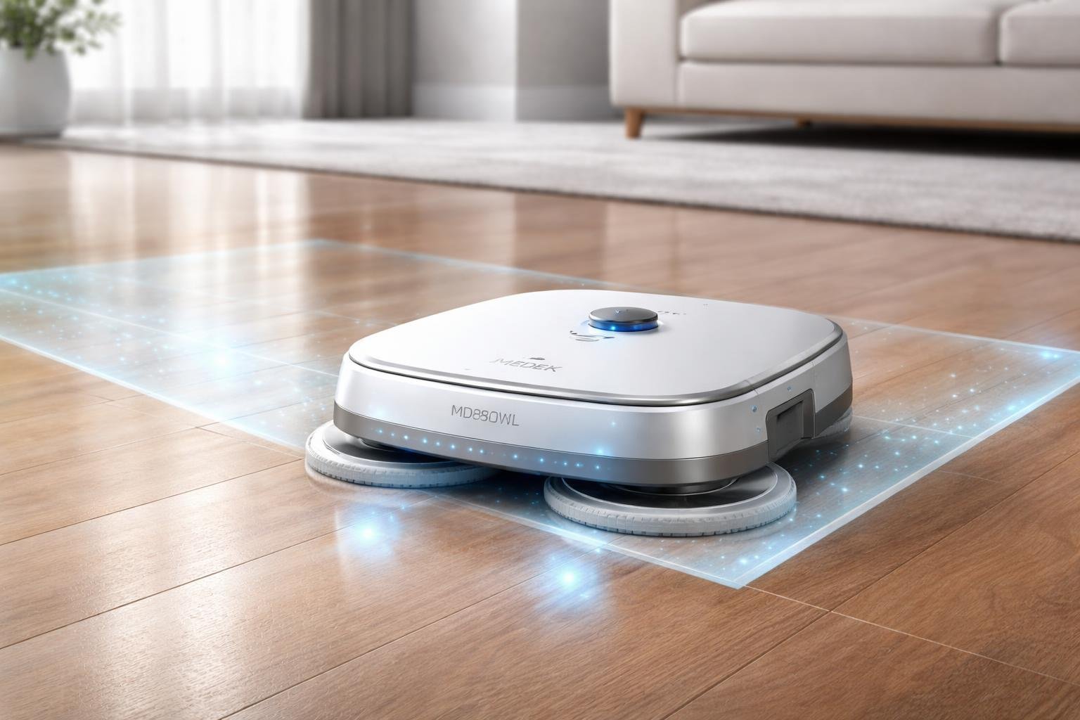 Un petit appareil de nettoyage pour sols durs posé sur un sol propre et brillant dans une pièce bien éclairée.