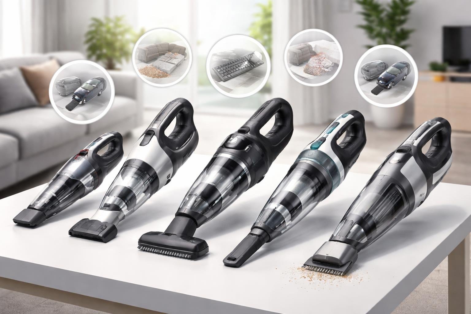 Plusieurs aspirateurs à main puissants disposés sur une table dans un salon moderne, avec des illustrations montrant leurs différents usages comme nettoyer un canapé, un clavier, des poils d'animaux et l'intérieur d'une voiture.