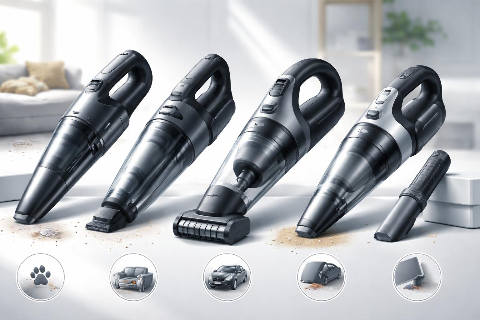 Plusieurs aspirateurs à main puissants disposés sur une surface avec des illustrations représentant différents usages de nettoyage.