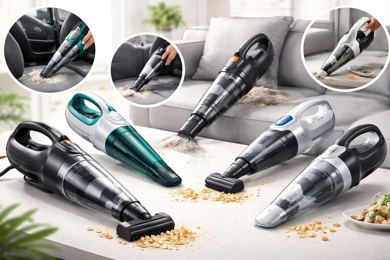 Plusieurs aspirateurs à main de différents types sont présentés avec des exemples d'utilisation comme le nettoyage de meubles, d'intérieurs de voiture, de poils d'animaux et de miettes sur un comptoir.