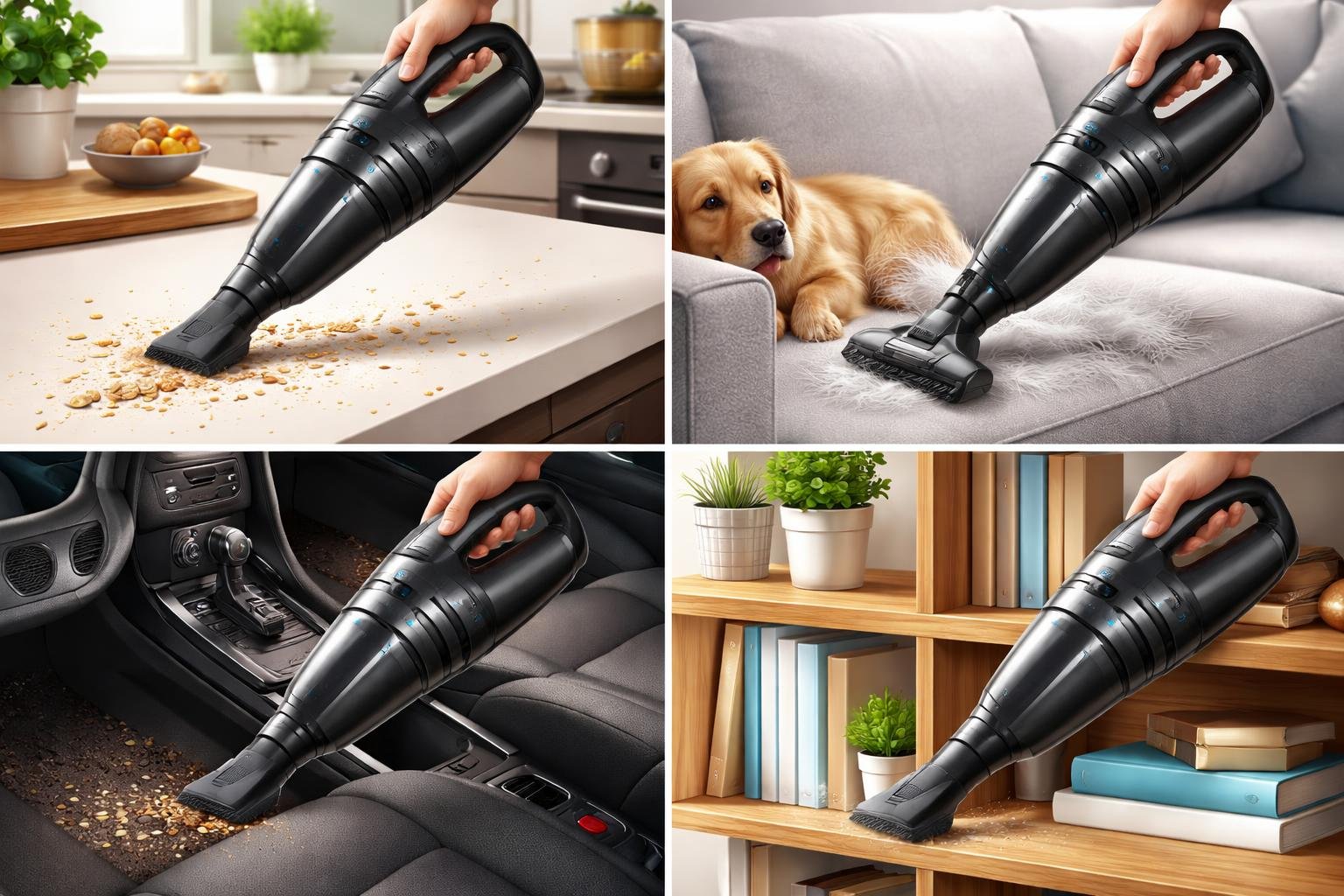 Différentes scènes montrant des aspirateurs à main puissants utilisés pour nettoyer une cuisine, un canapé, l’intérieur d’une voiture et une étagère.