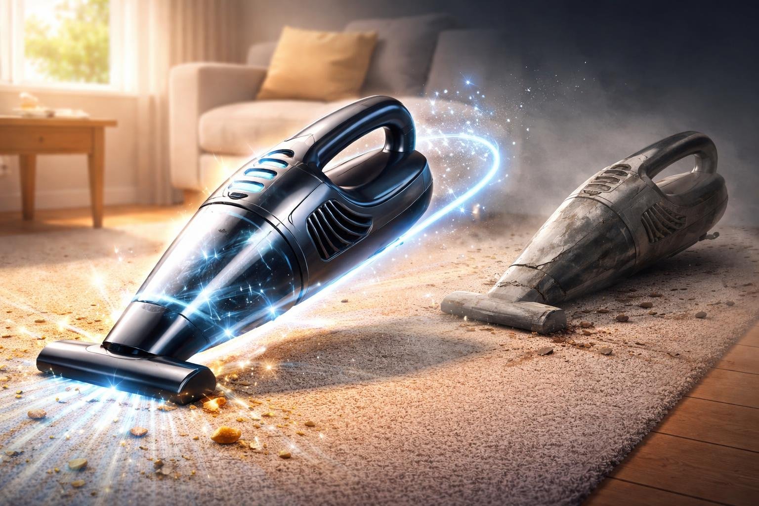 Un aspirateur à main brillant au premier plan avec des effets lumineux, et un aspirateur usé et cassé en arrière-plan dans un intérieur domestique avec un canapé et de la poussière.