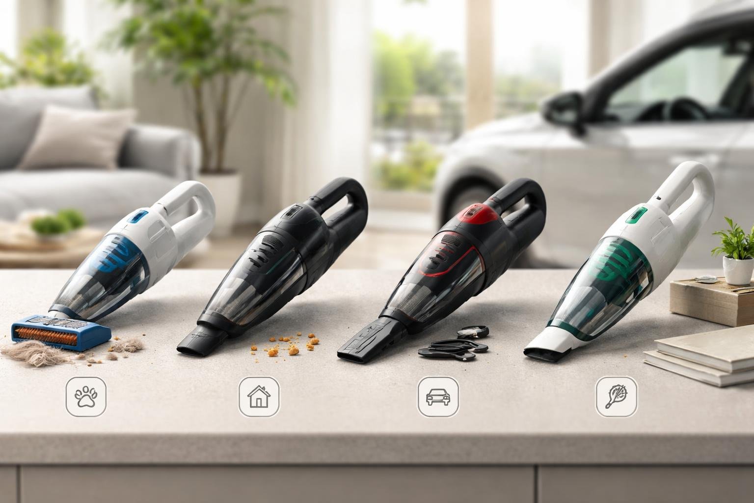 Différents aspirateurs à main disposés sur un comptoir dans un intérieur lumineux, montrant leurs usages variés comme le nettoyage de la maison et de la voiture.