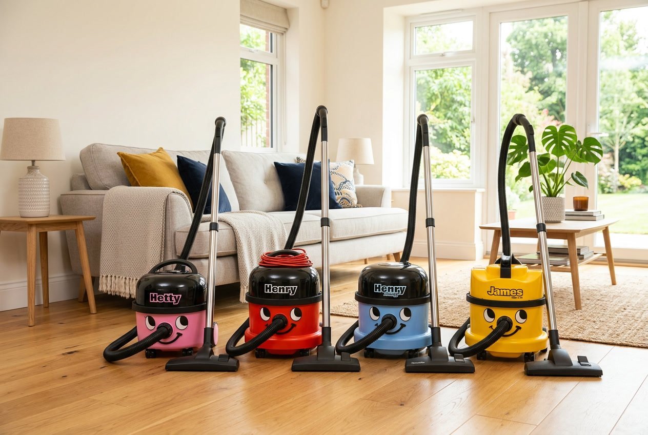 Plusieurs aspirateurs Henry Numatic de différentes couleurs dans un salon lumineux et propre.