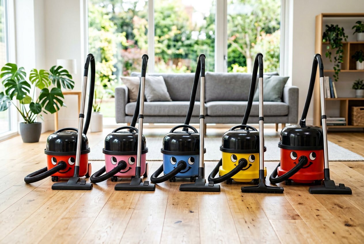Une gamme de différents aspirateurs Henry Numatic alignés dans un salon lumineux et moderne, illustrant leur usage varié pour le nettoyage domestique.