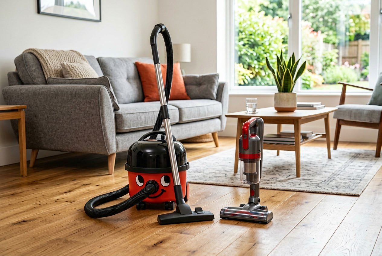 Deux aspirateurs Henry, un rouge classique et un modèle moderne, posés côte à côte dans un salon lumineux avec un sol en bois et des meubles élégants.