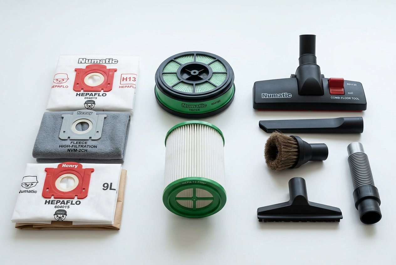Différents sacs, filtres et accessoires pour aspirateurs Henry Numatic disposés sur une surface claire.