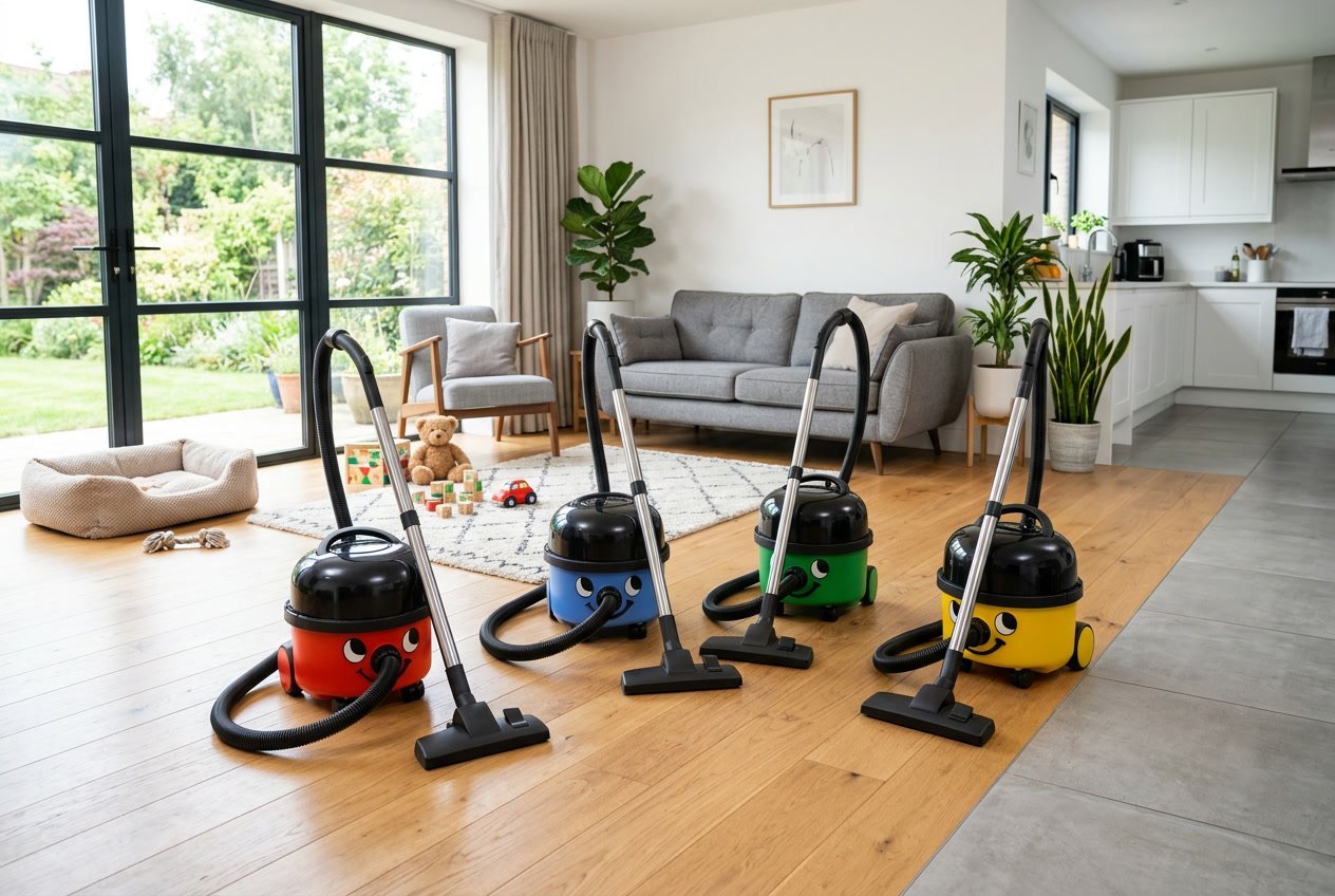 Plusieurs aspirateurs Henry Numatic disposés dans un salon moderne avec différents types de sols et des éléments de vie quotidienne.