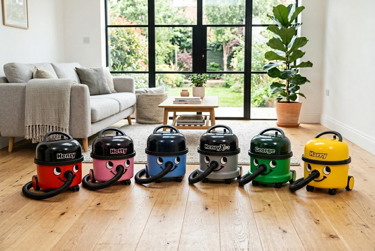 Plusieurs aspirateurs Henry de différentes couleurs disposés dans un salon lumineux et moderne avec des plantes et des meubles minimalistes.