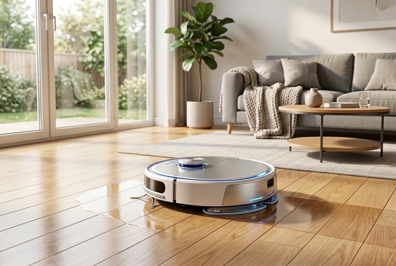 Un aspirateur robot laveur moderne en train de nettoyer un sol en bois dans un salon lumineux et épuré.