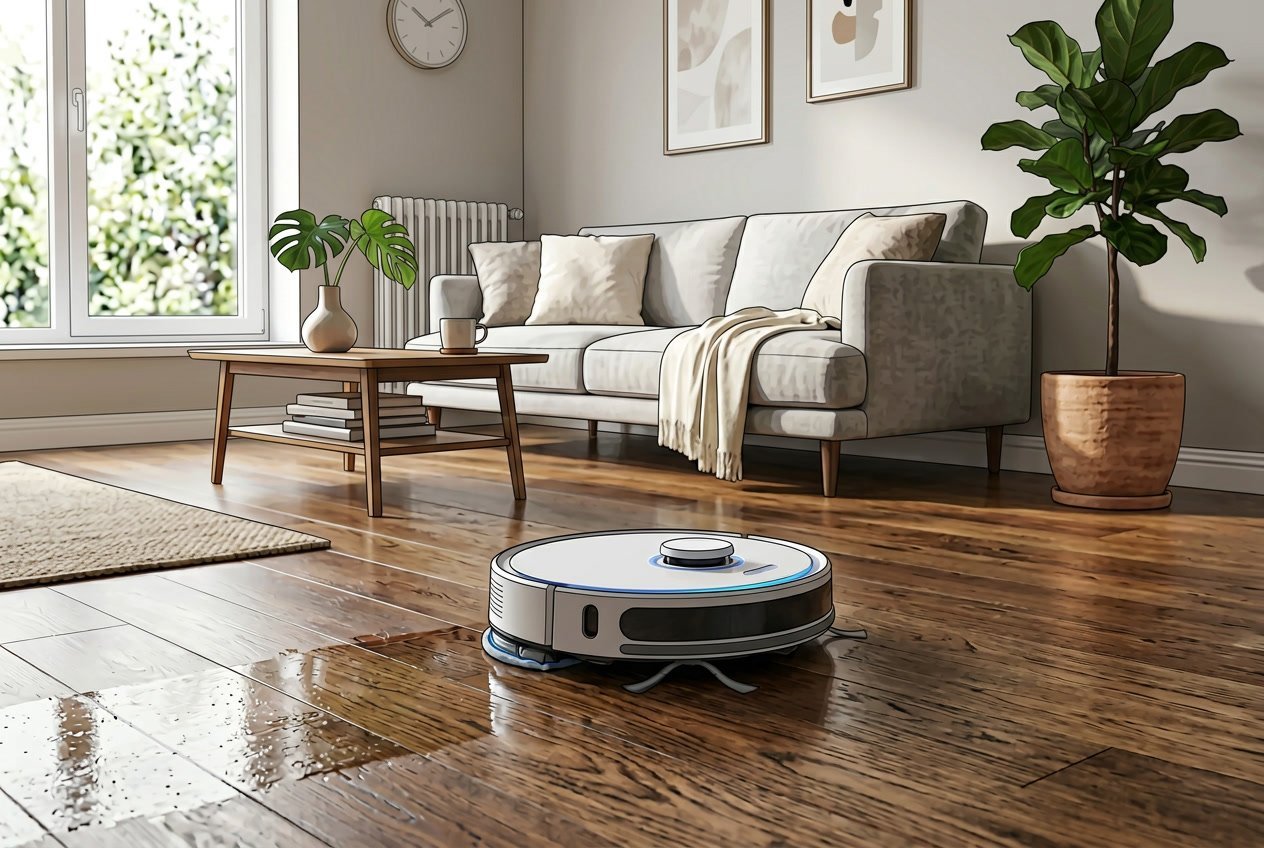Un robot aspirateur laveur en train de nettoyer un sol en bois dans un salon moderne et lumineux avec des meubles minimalistes.