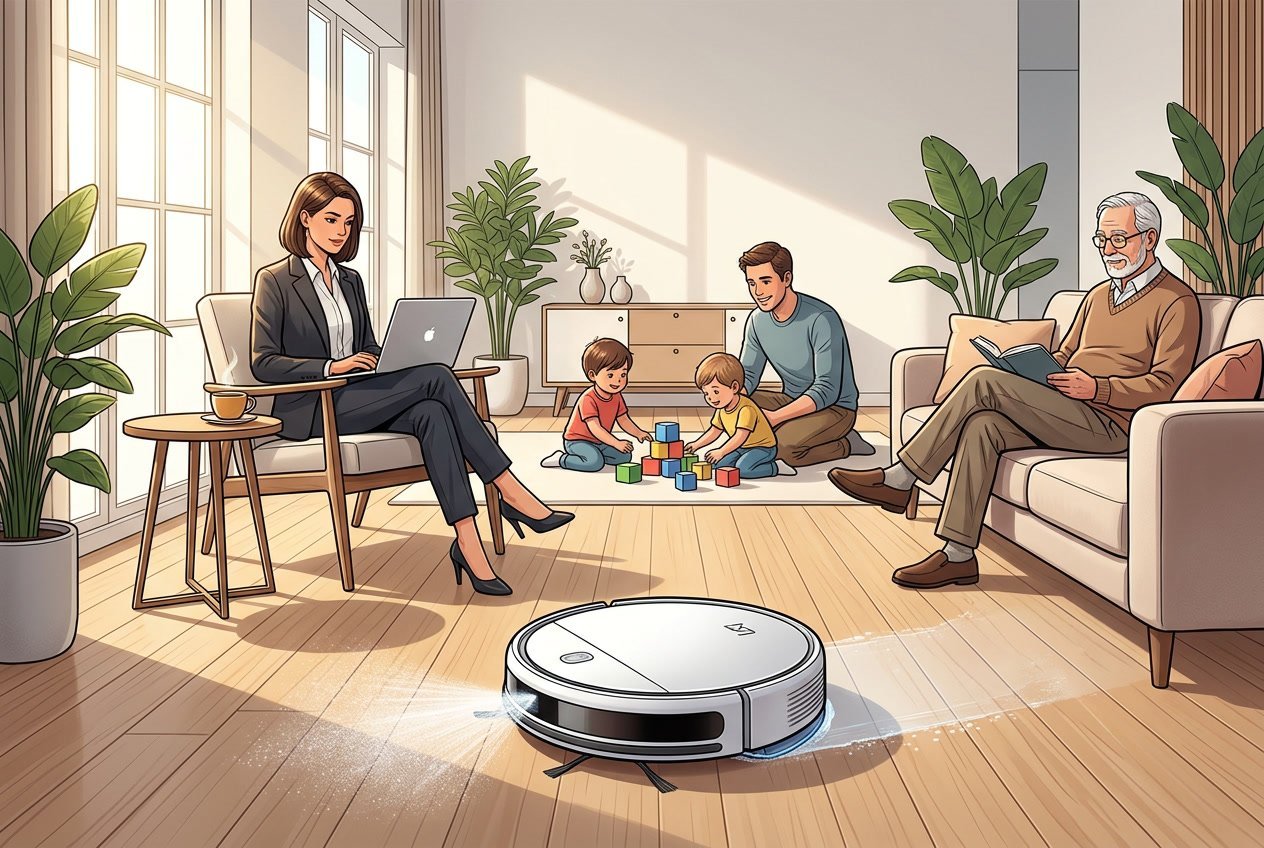 Un robot aspirateur laveur en train de nettoyer un sol en bois dans un salon moderne avec plusieurs personnes autour représentant différents types d'utilisateurs.