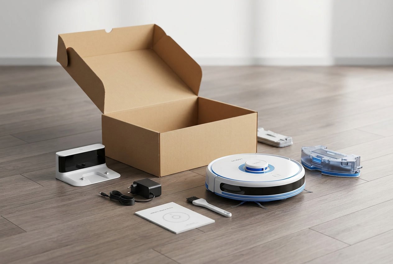 Un robot aspirateur laveur avec ses accessoires disposés autour d'une boîte ouverte sur un sol en bois, prêt pour la première mise en route.