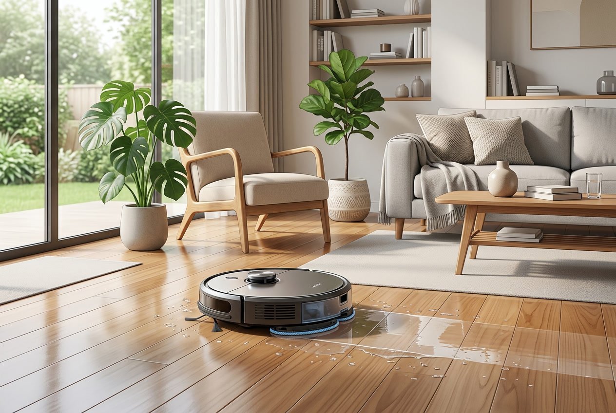 Un robot aspirateur laveur moderne nettoie efficacement le sol d'un salon contemporain lumineux et bien décoré.