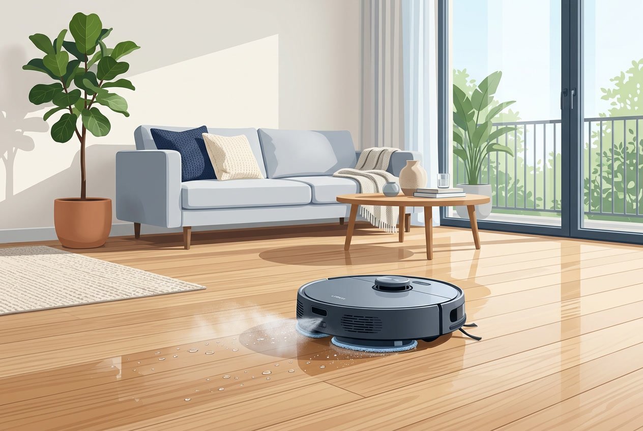 Un robot aspirateur laveur en train de nettoyer le sol d'un salon lumineux et moderne.