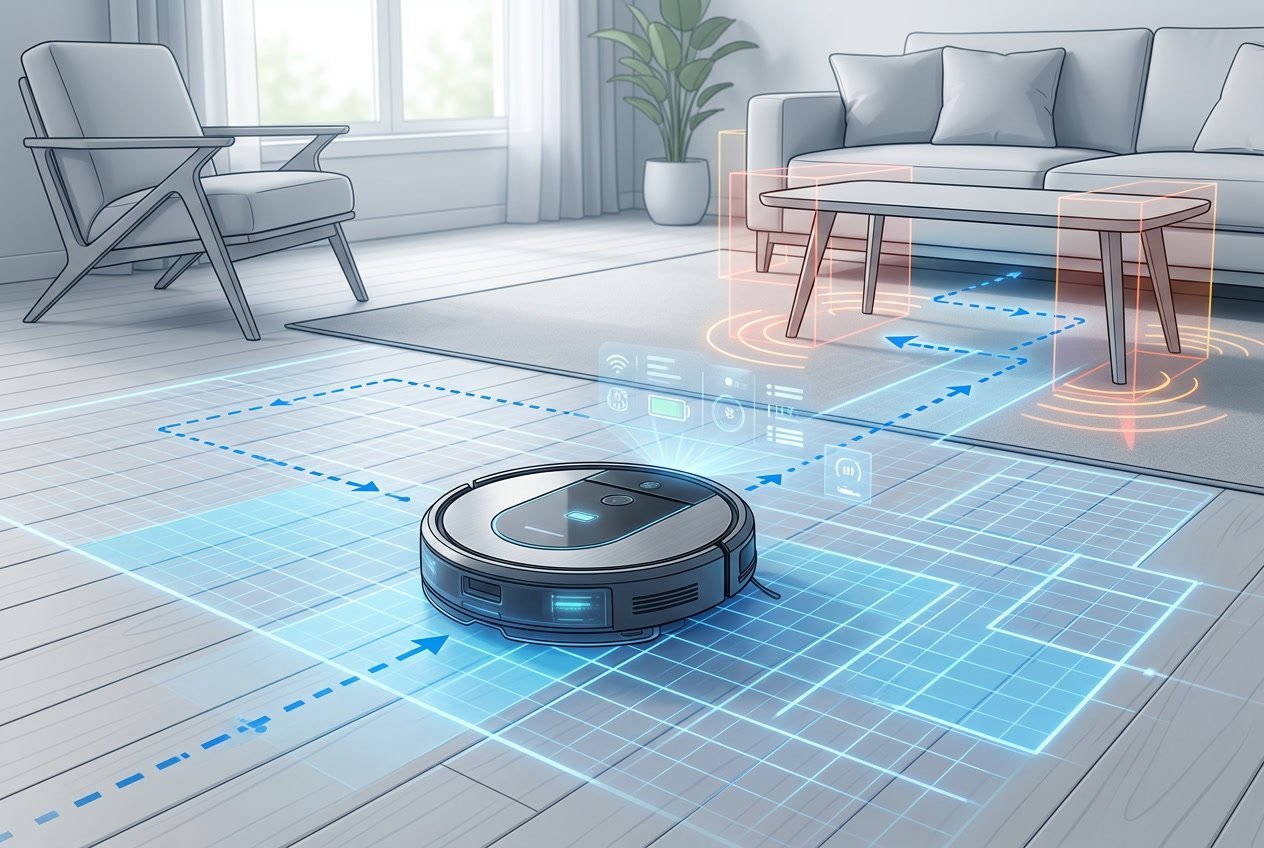 Un robot aspirateur moderne naviguant dans une pièce avec des représentations numériques de cartes et de capteurs autour de lui.