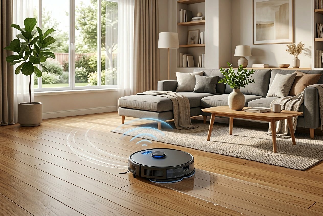 Un robot aspirateur laveur en train de nettoyer un sol en bois dans un salon lumineux et ordonné.