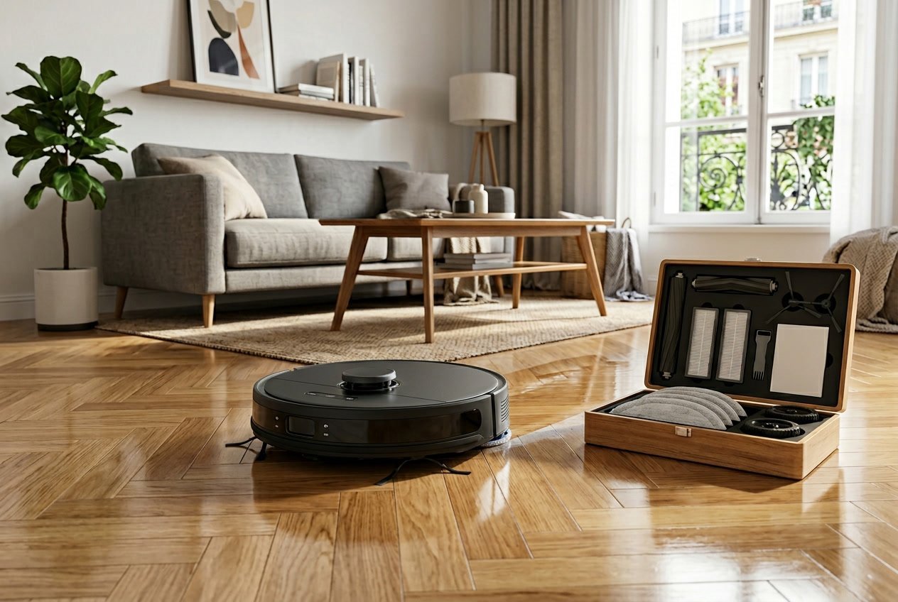 Un aspirateur robot laveur en fonctionnement sur un sol en bois brillant dans un salon moderne, avec des pièces détachées et des outils à proximité.