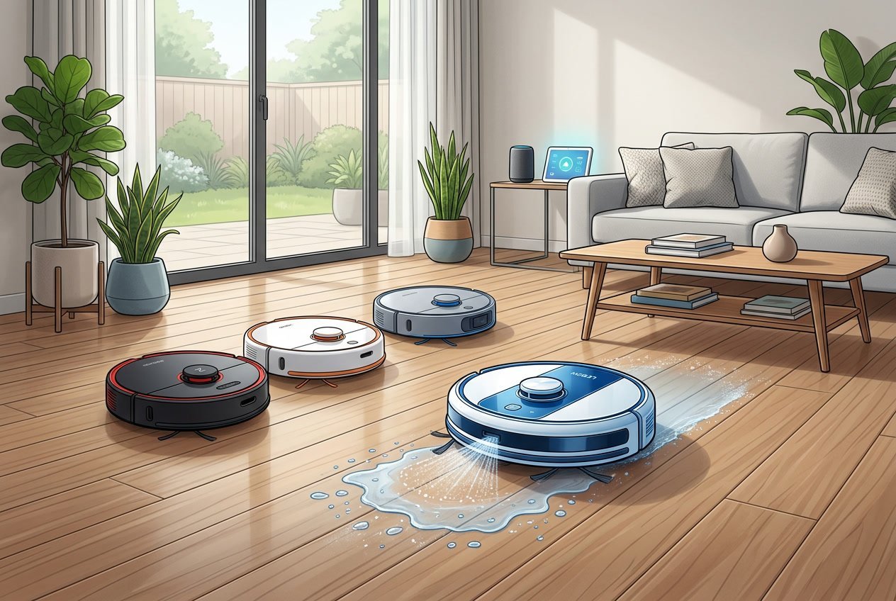 Trois aspirateurs robots nettoyant un sol en bois dans un salon moderne, avec le modèle LEBON E-Washer V2 Pro au centre et deux autres modèles de chaque côté.