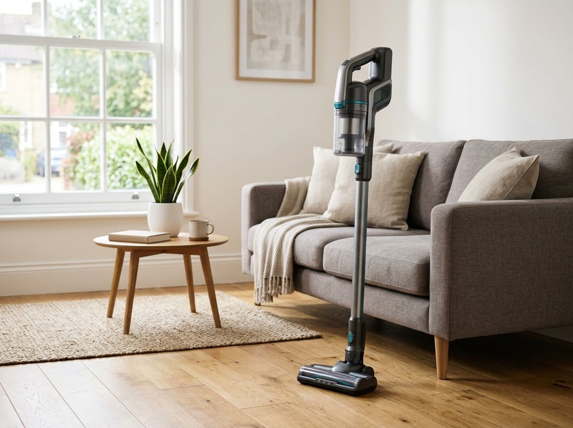 Un aspirateur balai sans fil moderne posé dans un salon lumineux avec un canapé et un sol en bois.