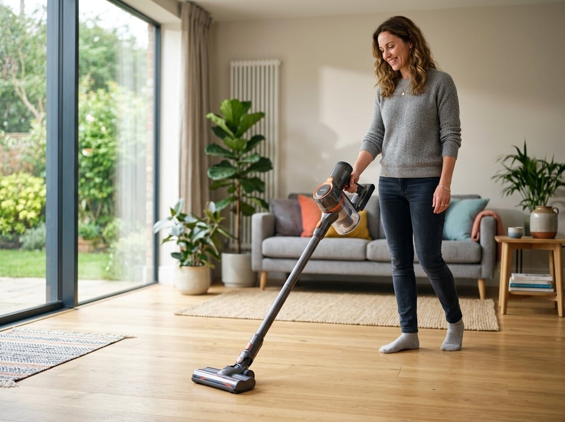 Un aspirateur balai sans fil posé sur le sol d'un salon lumineux avec une personne en arrière-plan prêt à l'utiliser.