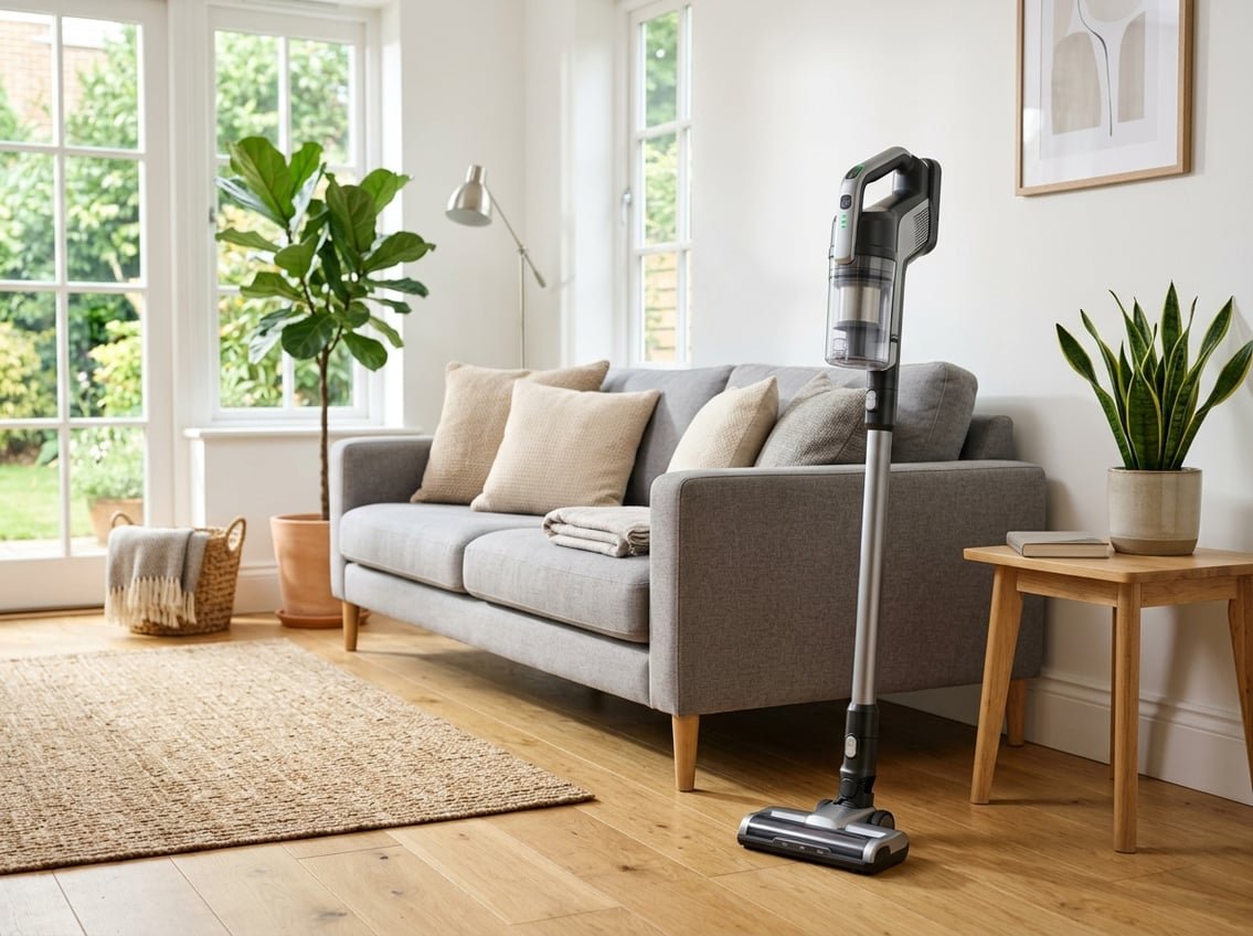 Aspirateur balai sans fil moderne debout dans un salon lumineux avec un canapé et des plantes.