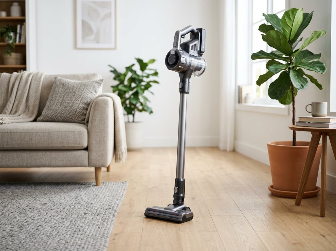 Un aspirateur balai sans fil moderne posé sur un sol clair dans un salon lumineux et épuré.