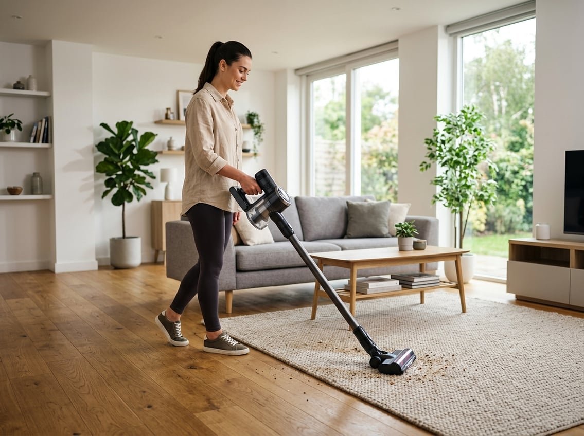 Une personne utilise un aspirateur balai sans fil pour nettoyer un salon avec différents types de sols, incluant du parquet et un tapis.