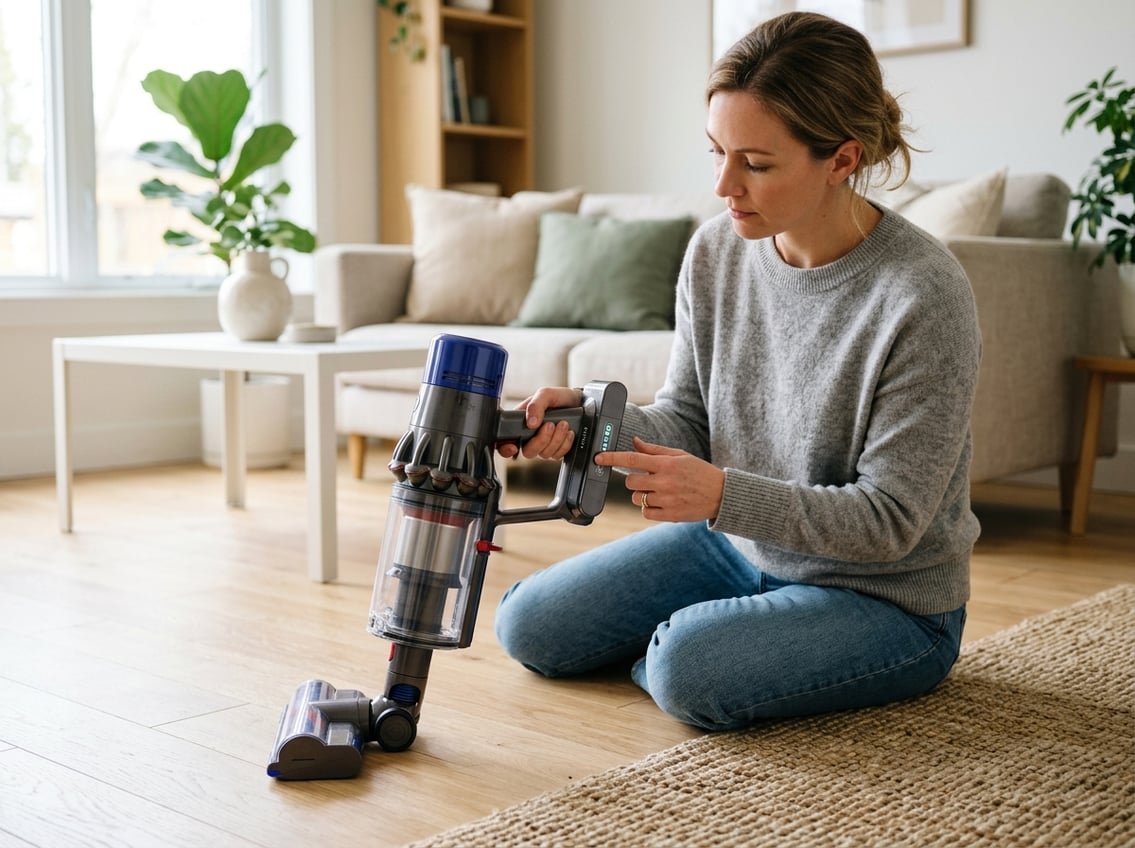 Un aspirateur balai sans fil moderne posé sur le sol d'un salon lumineux, avec une personne examinant la batterie.