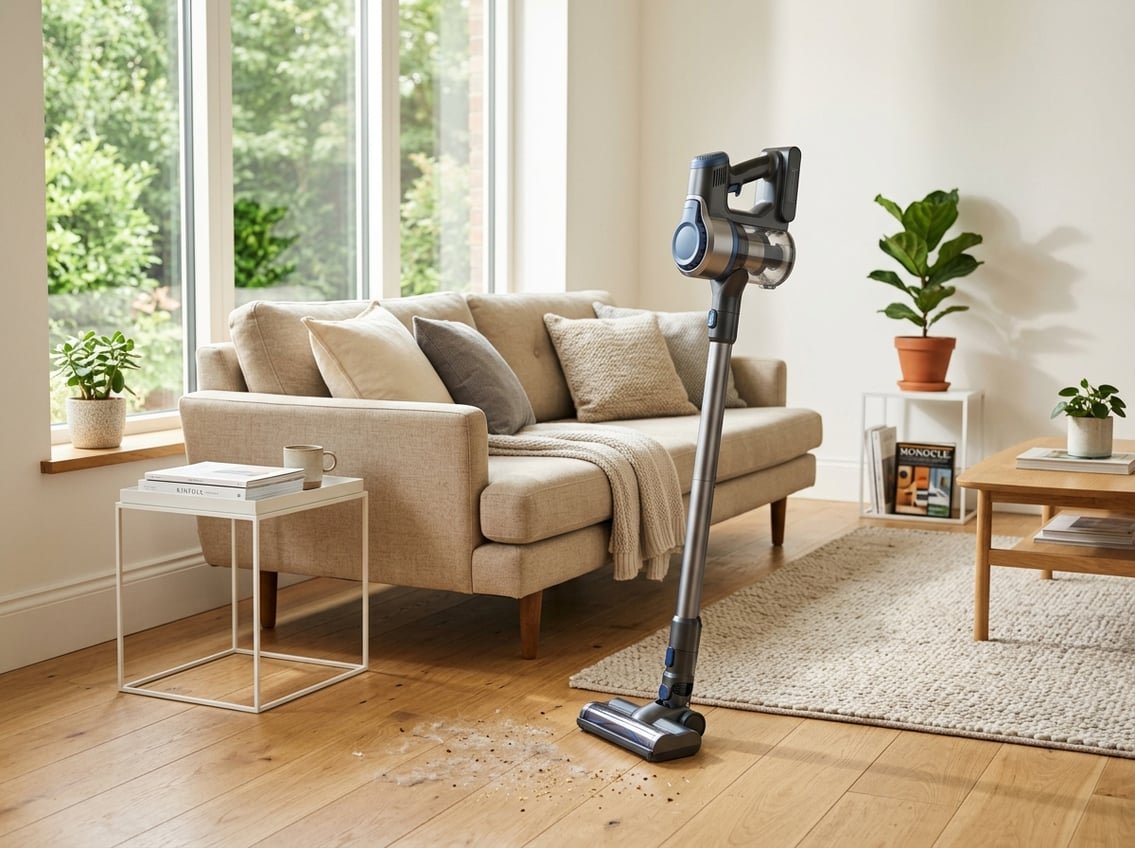 Un aspirateur balai sans fil posé dans un salon lumineux et propre avec un canapé et un sol en bois.