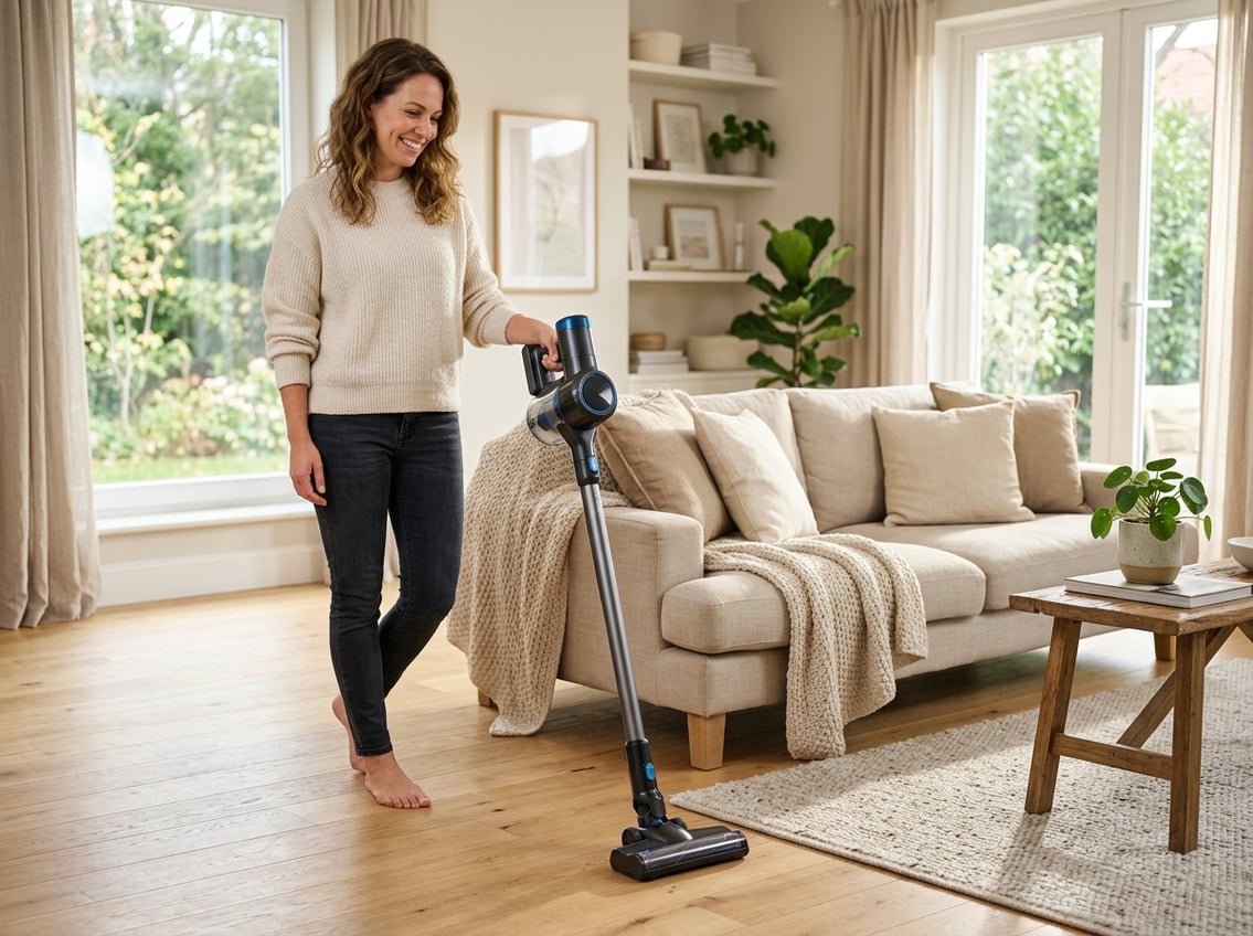 Un aspirateur balai sans fil moderne posé dans un salon lumineux avec une personne prête à l'utiliser.