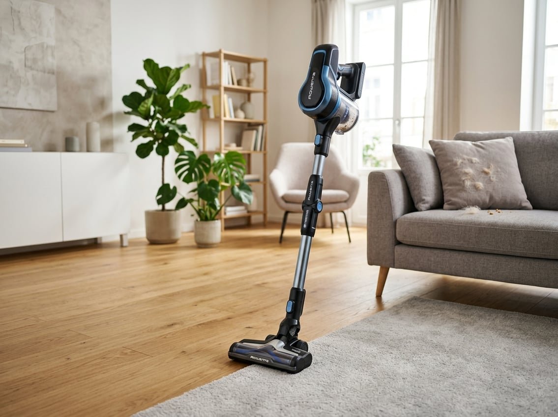 Aspirateur sans fil Rowenta posé dans un salon propre avec différents sols et meubles autour.