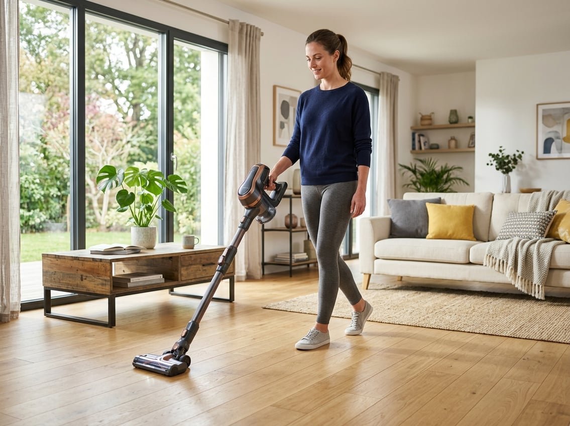 Personne utilisant un aspirateur sans fil Rowenta dans un salon lumineux avec un sol en bois et des meubles modernes.