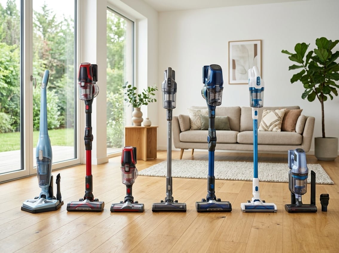 Plusieurs aspirateurs sans fil Rowenta disposés dans un salon lumineux et moderne, illustrant différents modèles adaptés à divers usages.