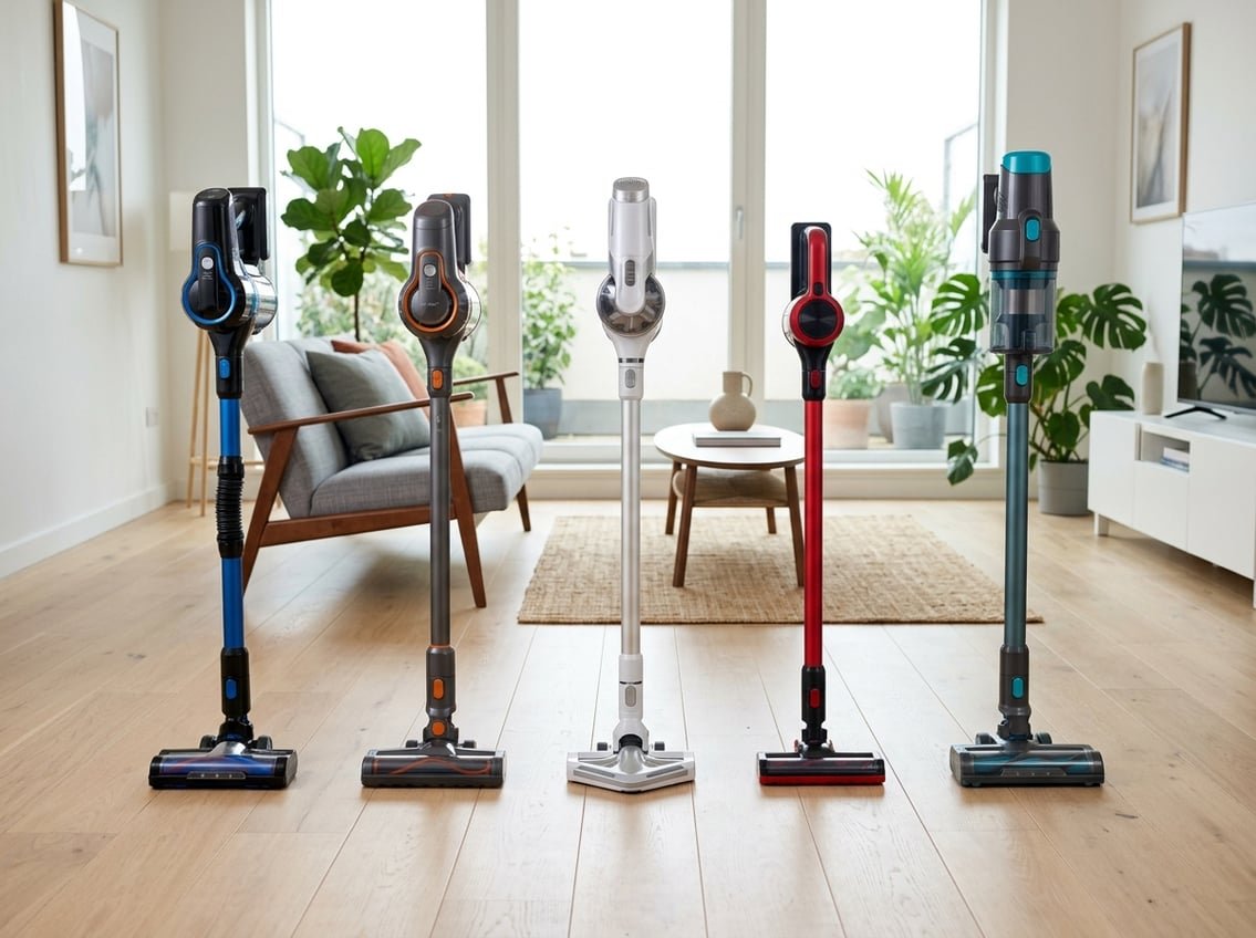 Cinq aspirateurs sans fil différents disposés dans un salon lumineux et moderne, chacun avec un design unique.