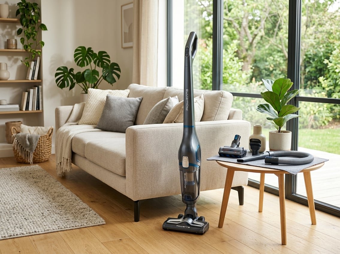 Aspirateur sans fil Rowenta posé dans un salon lumineux avec des accessoires de brosse à côté.