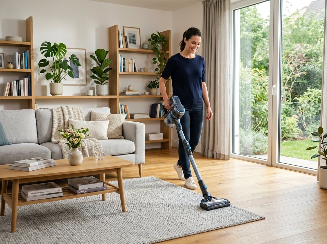 Personne utilisant un aspirateur sans fil Rowenta dans un salon lumineux et bien rangé.