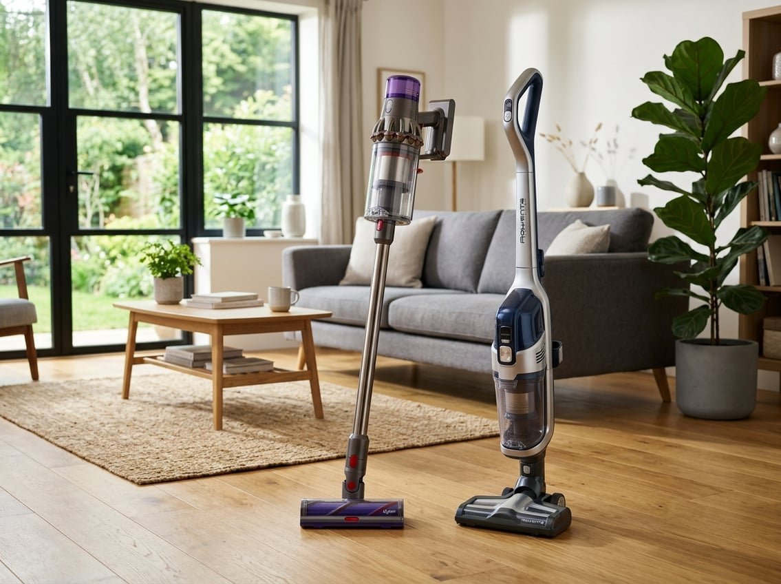 Deux aspirateurs sans fil, un Rowenta et un Dyson, posés côte à côte dans un salon lumineux et rangé.