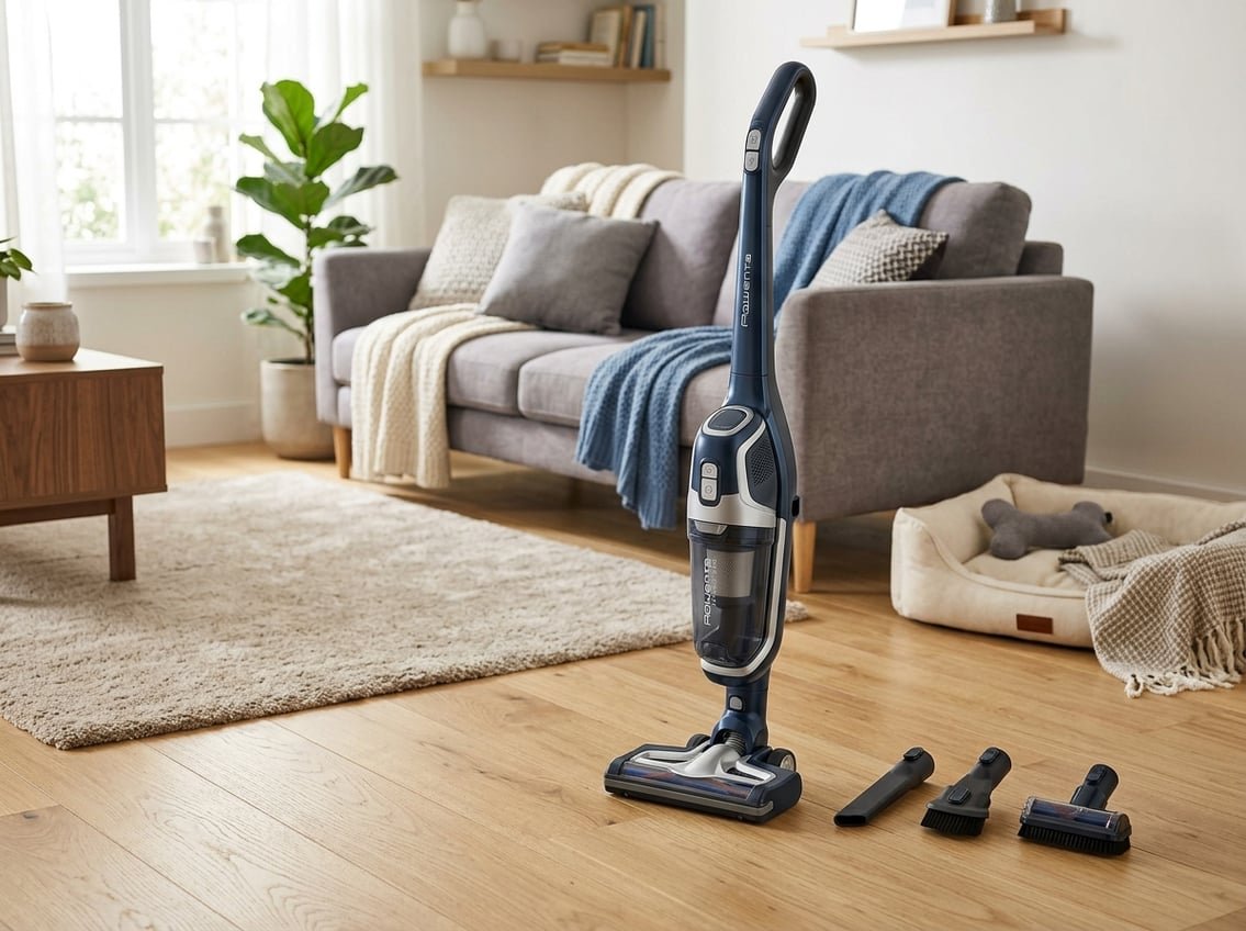 Un aspirateur sans fil Rowenta posé dans un salon lumineux avec différents types de sols et un coin animal.
