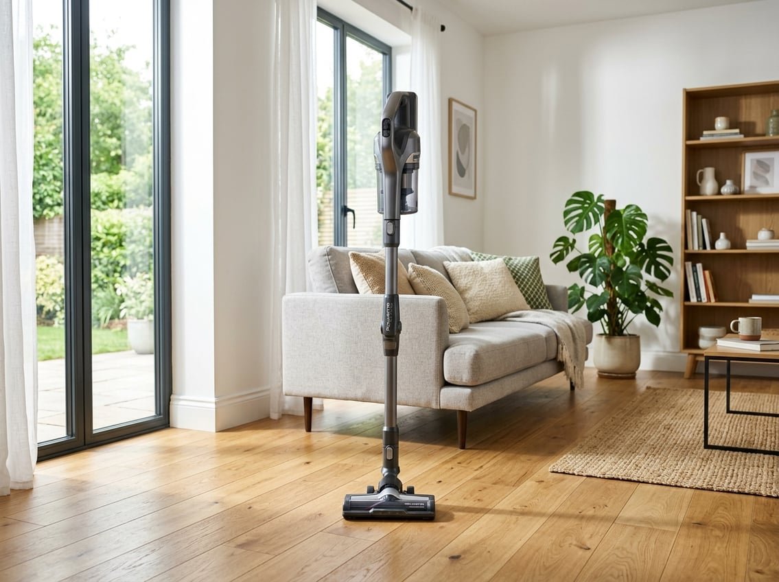 Aspirateur sans fil Rowenta posé dans un salon lumineux avec un canapé et des plantes.