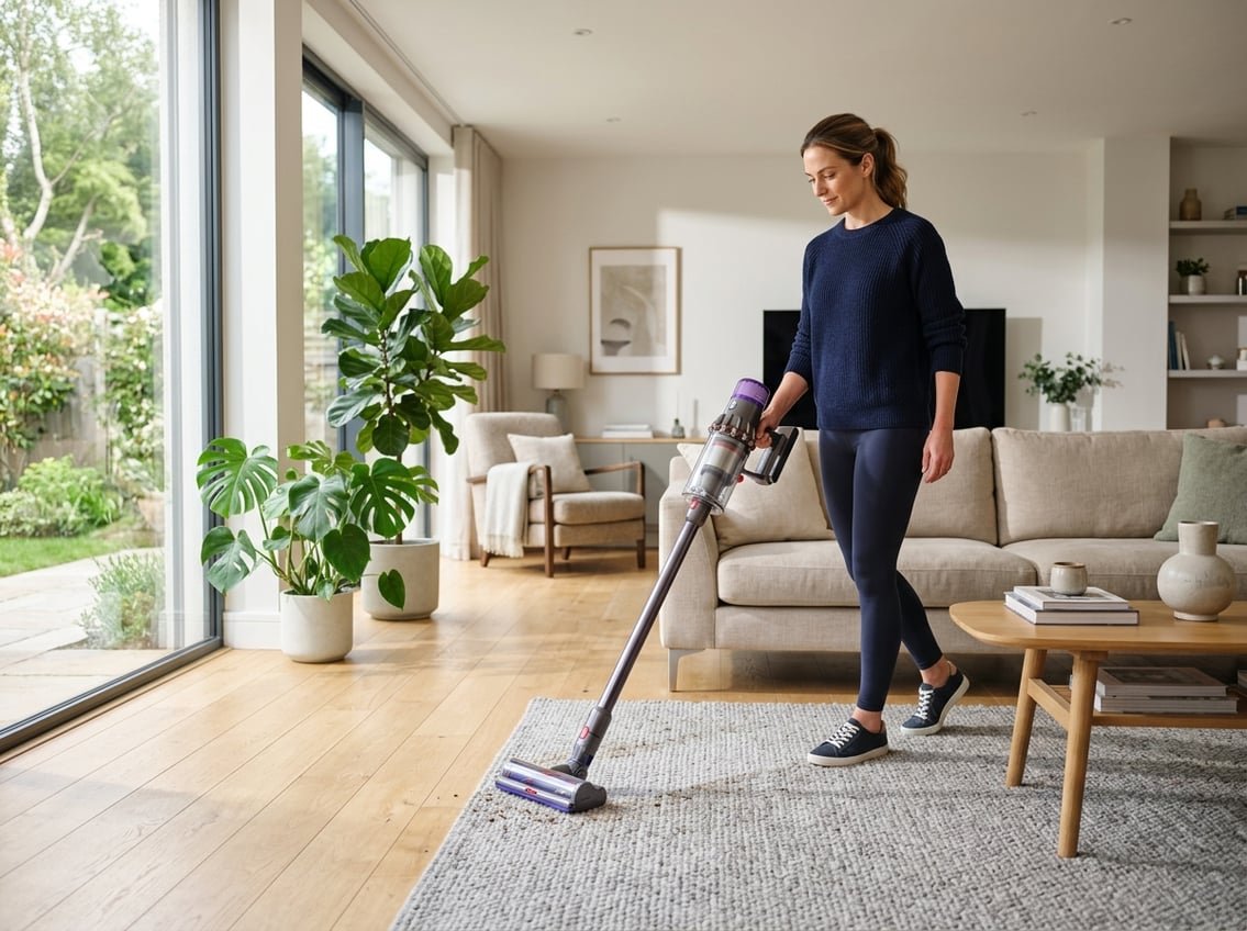 Personne utilisant un aspirateur sans fil Dyson dans un salon moderne et lumineux.